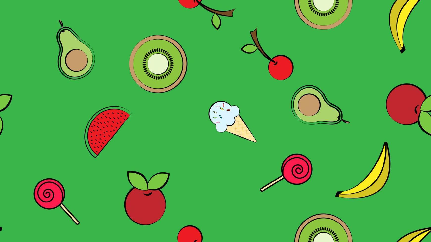 Nahtloses Muster Banane Kiwi Wassermelone Avocado lecker süß frisch schön auf grünem Hintergrund. Die Textur ist endlos vektor
