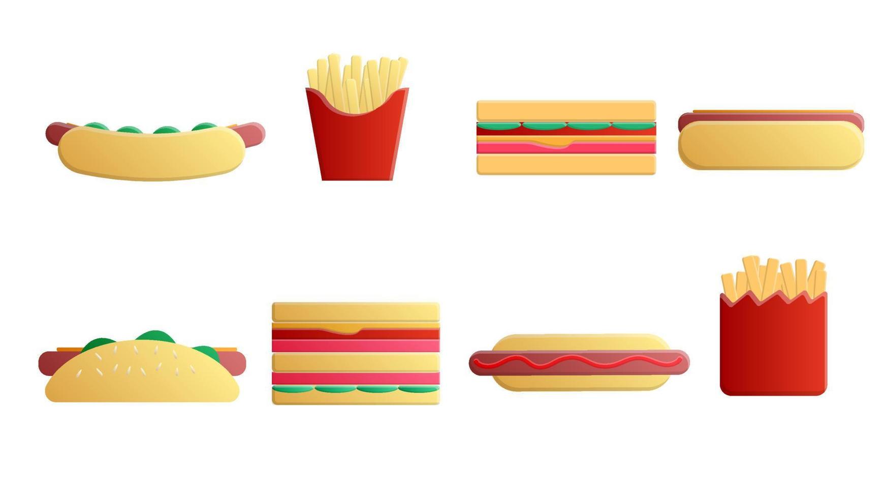 Große Auswahl an köstlichen süßen Speisen und Leckereien, Fast Food, Hot Dog, Pommes Frites und Sandwich-Leckereien zur Verwendung als Symbol, Logo vektor