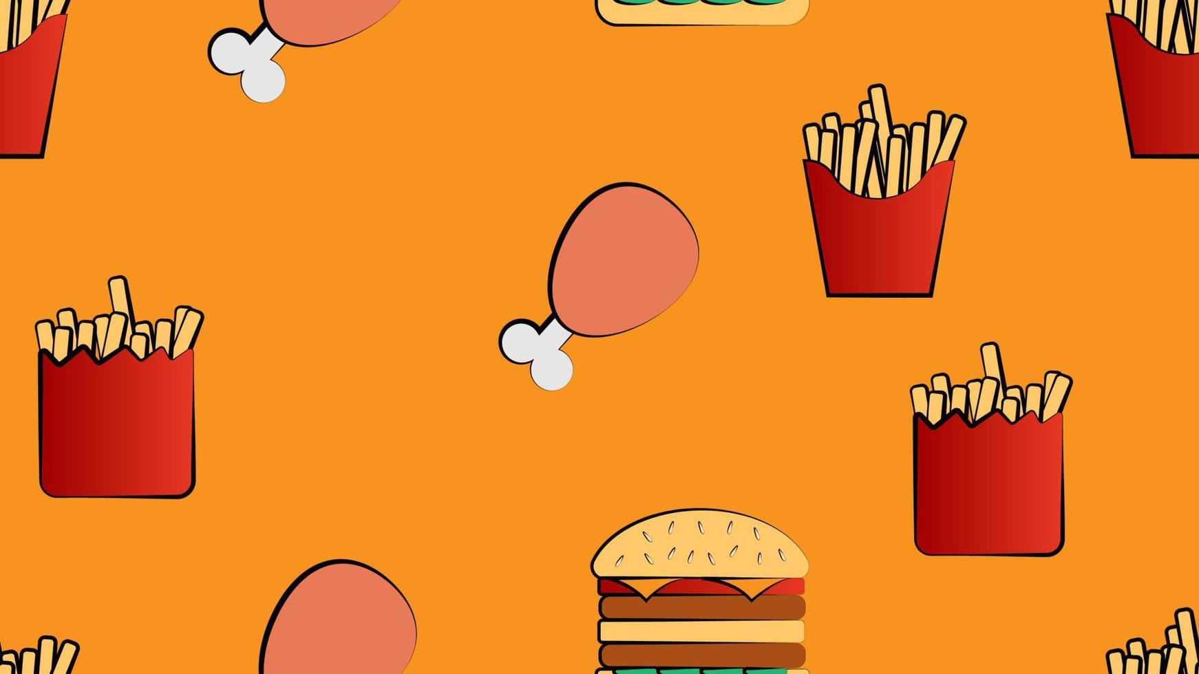 Nahtloses endloses Muster verschiedener köstlicher, herzhafter, heißer Pommes, Hamburger, Fast-Food-Hähnchenkeulen auf orangefarbenem Hintergrund. Textur vektor