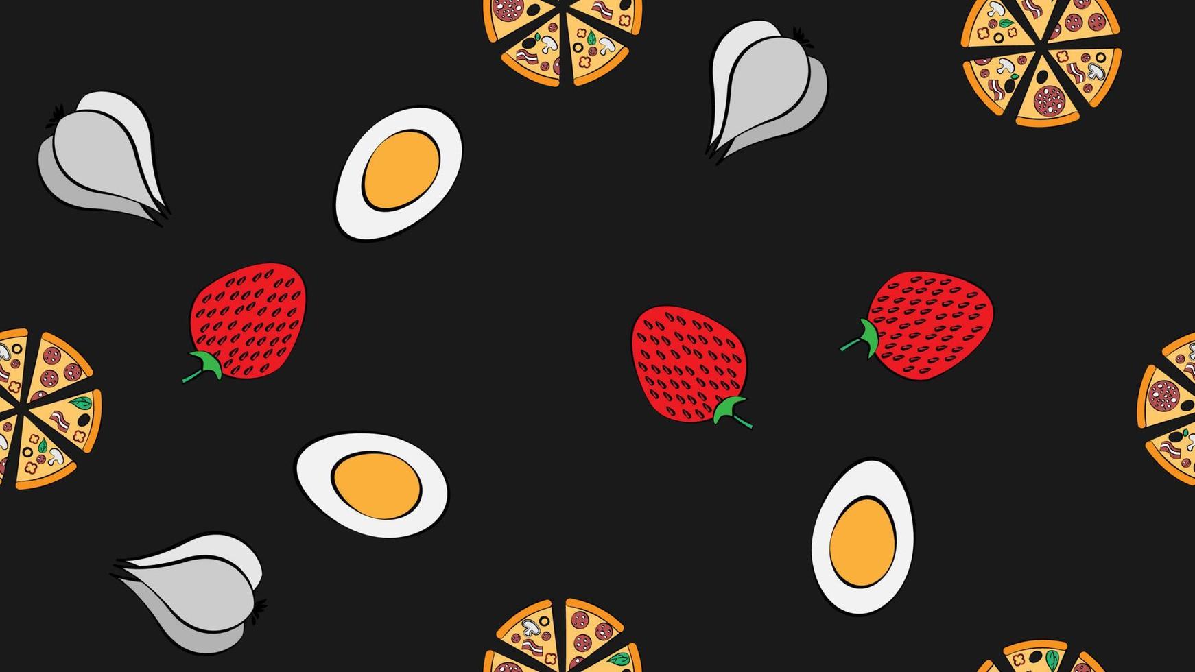 Nahtloses Muster Pizza Knoblauch Erdbeereier Fast Food lecker süß frisch schön auf schwarzem Hintergrund. Die Textur ist endlos vektor