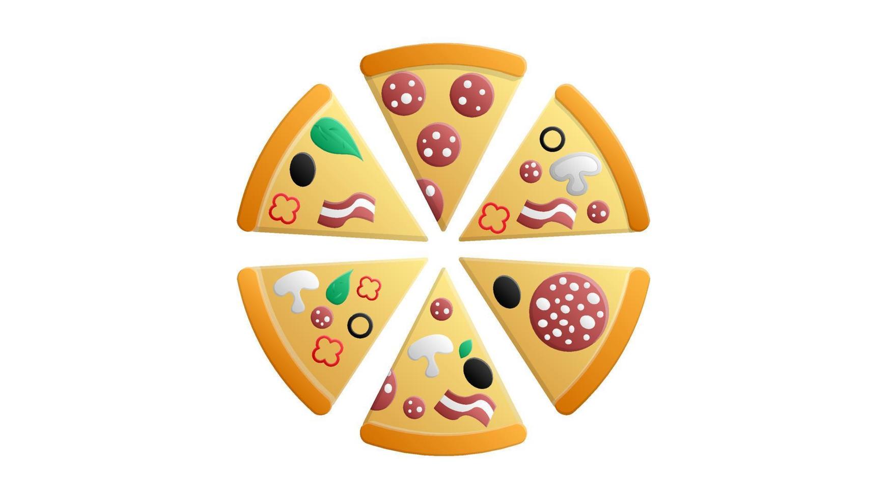 färgrik runda gott pizza på vit bakgrund med salami tomat svamp och oliver platt isolerat vektor illustration