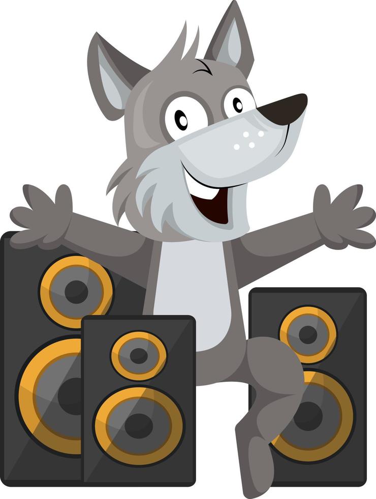 Wolf mit Lautsprechern, Illustration, Vektor auf weißem Hintergrund.