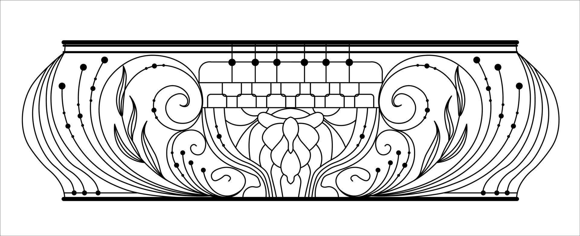 Balkon aus Schmiedeeisen. schwarzes Metallgeländer mit geschmiedeten Ornamenten auf weißem Hintergrund. Eingang zur Terrasse mit Stahlvektor dekoriert. antikes vintage objekt der architektur, fassade schwarz victori vektor