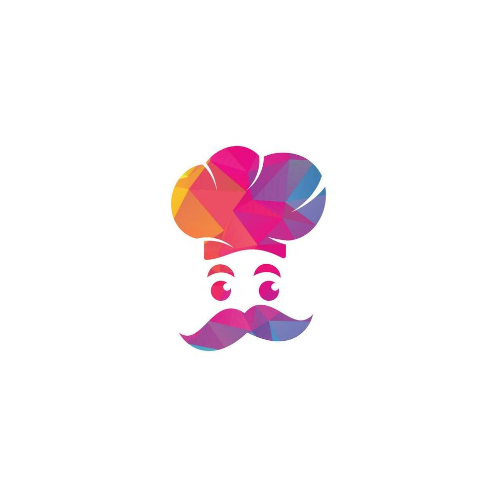 Meisterkoch-Vektor-Logo-Design. Chefkoch mit Schnurrbart und Bartvektorlogo. Kochkopf mit Löffel und Gabel vektor
