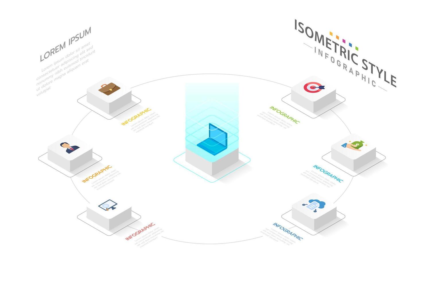 isometrisk infographic mall för företag. 6 steg modern mindmap diagram i teknologi begrepp, företags- isometrisk presentation vektor infografik.