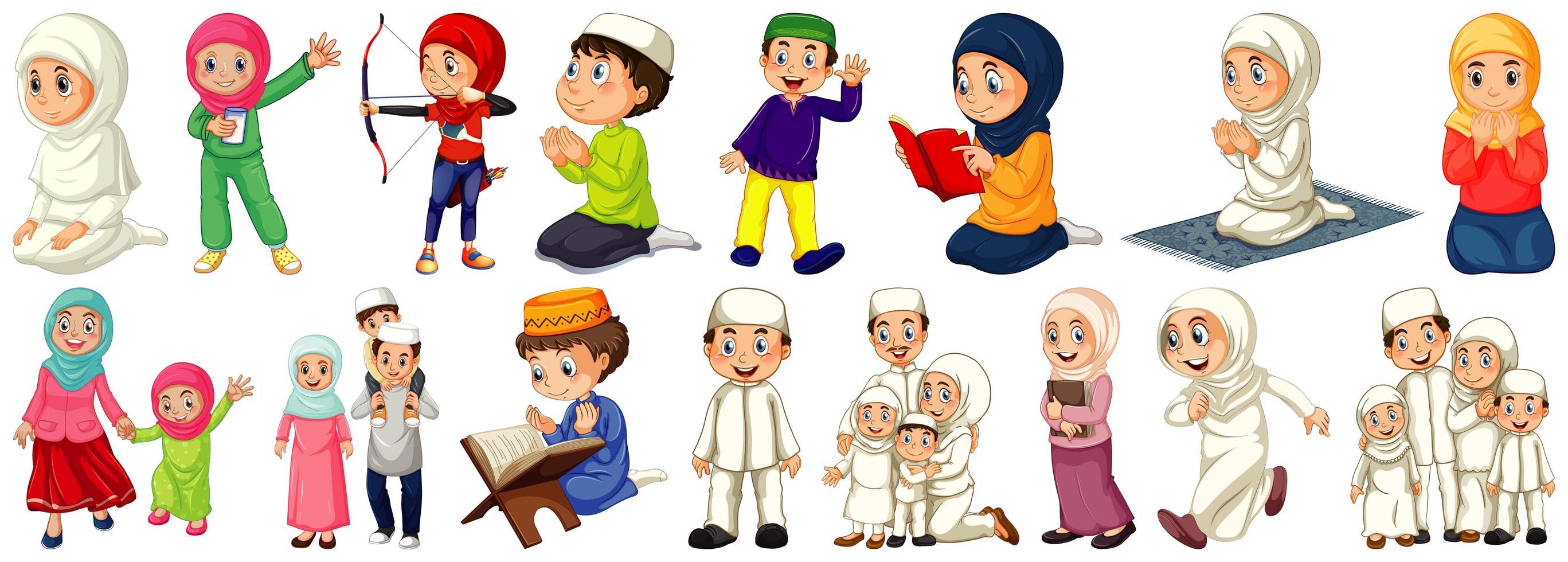 uppsättning av olika muslimska seriefigurer vektor