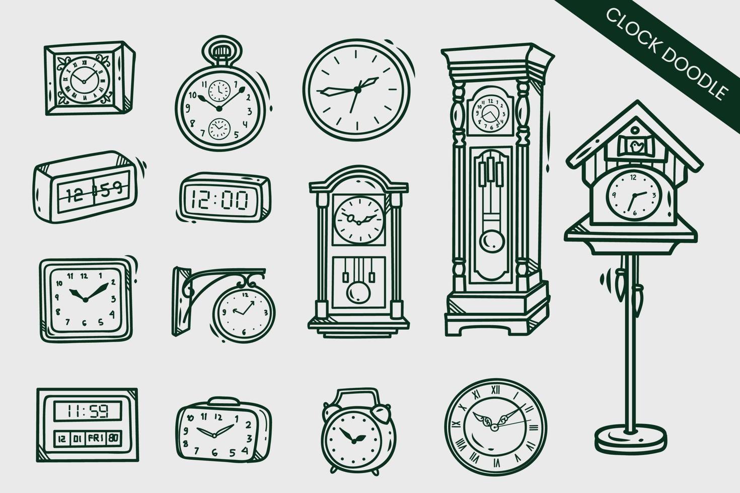Set von Doodle-Sketch-Uhren. Gekritzelsatz der Uhr. Zeitsymbol im handgezeichneten Stil. vektor