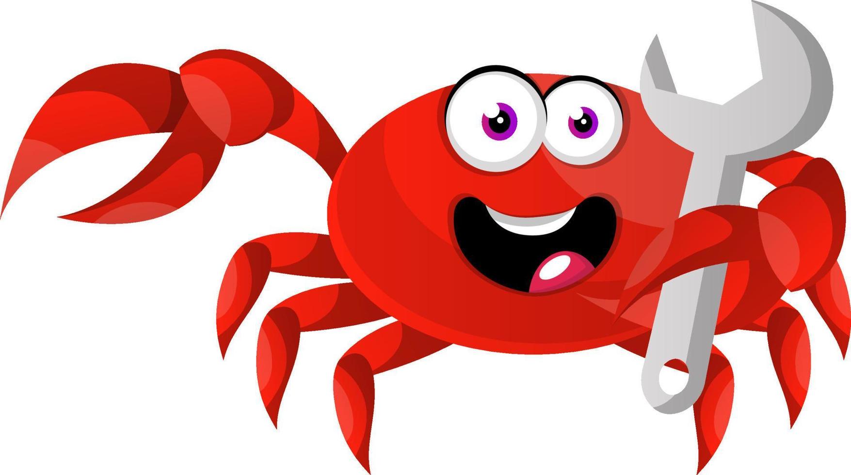 Krabbe mit Schraubenschlüssel, Illustration, Vektor auf weißem Hintergrund.