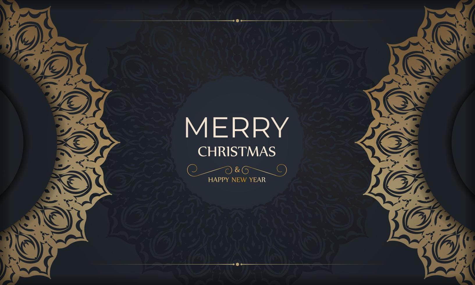 frohe weihnachten und ein gutes neues jahr grußbroschürenvorlage in dunkelblauer farbe mit vintage-goldverzierung vektor