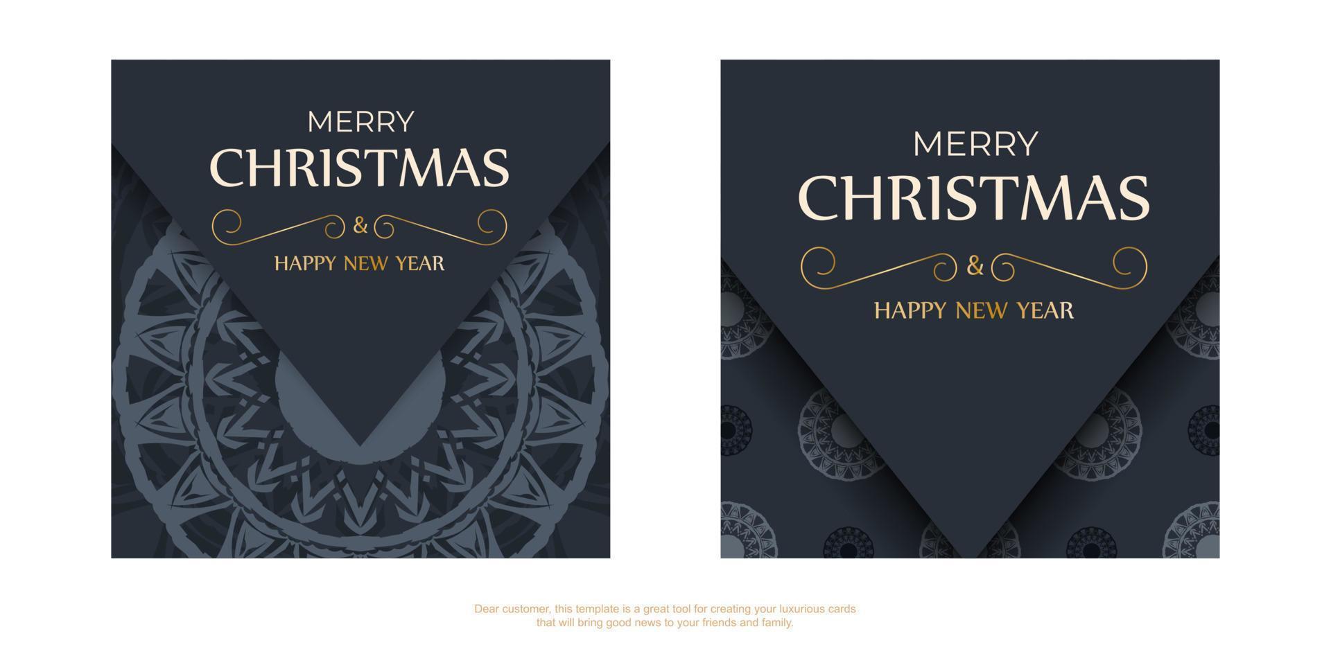 Postkartenvorlage Frohe Weihnachten und ein gutes neues Jahr in dunkelblauer Farbe mit luxuriösem blauem Muster vektor