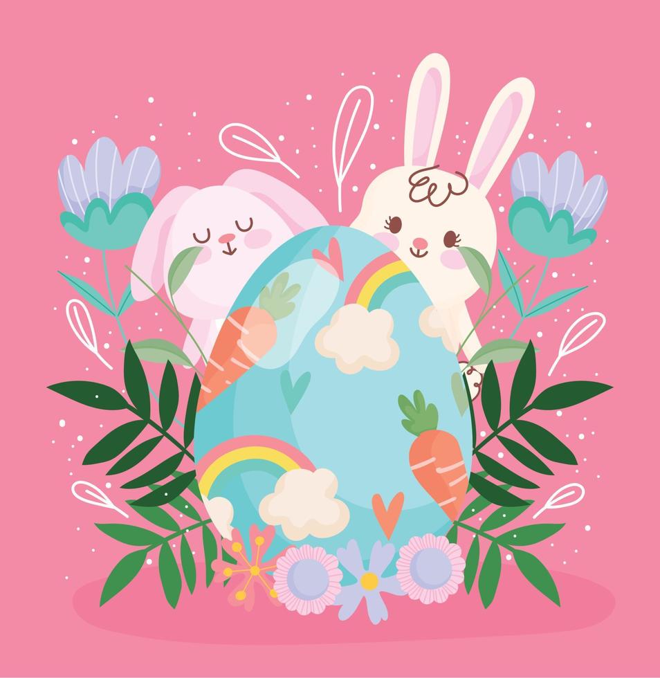 Lycklig påsk söt kaniner ägg med morötter och regnbåge blommig blomma dekoration vektor