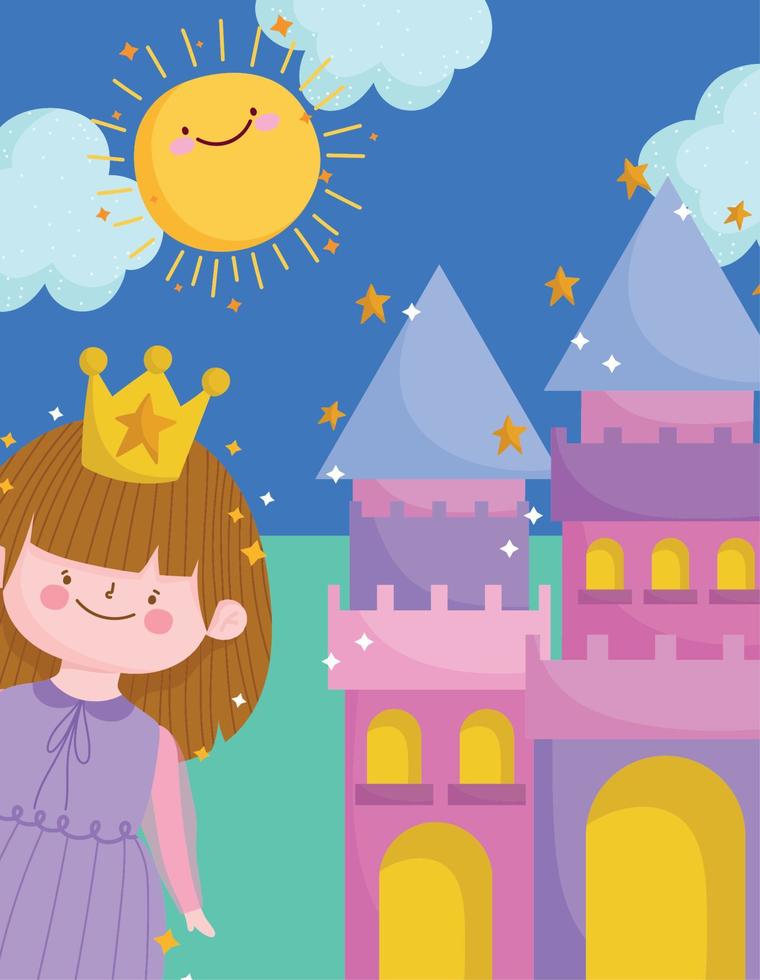 söt prinsessa med krona och slott solig dag tecknad serie vektor