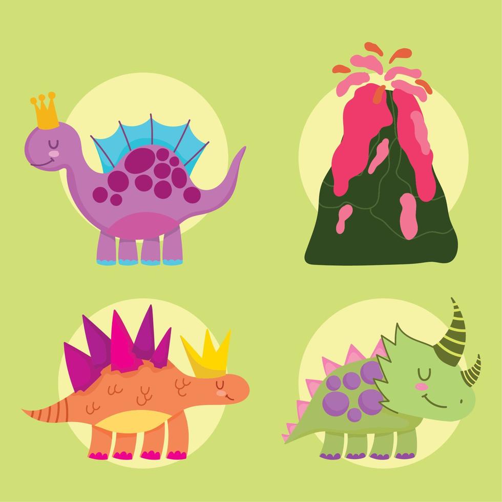 niedliche dinos-tiere ausgestorben und vulkan-cartoon-ikonen vektor