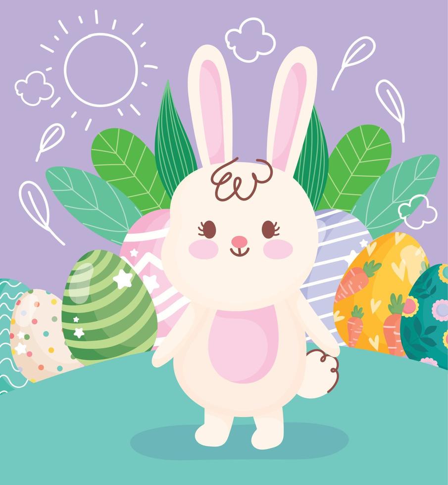 Lycklig påsk vit söt kanin ägg dekoration löv på gräs vektor