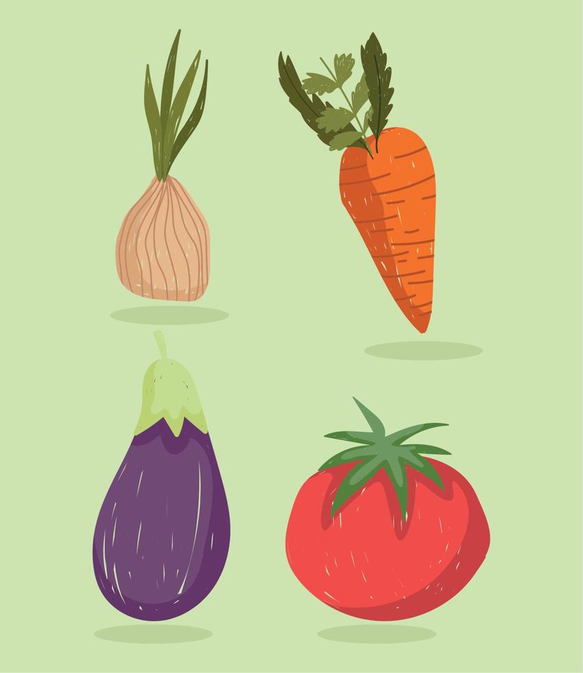 grönsaker färsk mat organisk morot lök äggplanta och tomat ikon uppsättning vektor