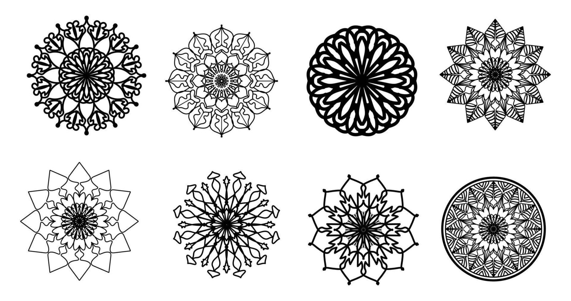 Set Mandala, schwarzes Mandala, luxuriöser dekorativer Mandala-Design-Hintergrund, Mandala-Design, Mandala-Muster-Malbuch-Kunst-Tapeten-Design, Fliesenmuster, Schwarz-Weiß-Mandala, Islam, Arabisch, Indisch vektor