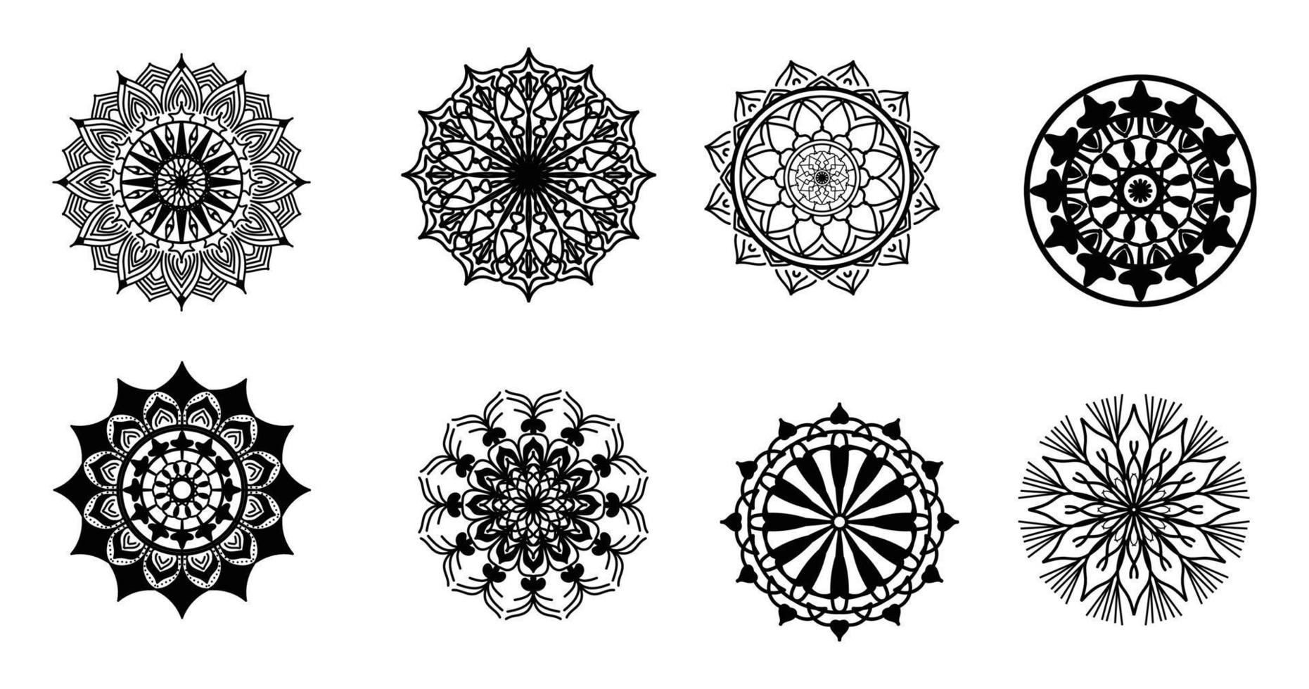 Set Mandala, schwarzes Mandala, luxuriöser dekorativer Mandala-Design-Hintergrund, Mandala-Design, Mandala-Muster-Malbuch-Kunst-Tapeten-Design, Fliesenmuster, Schwarz-Weiß-Mandala, Islam, Arabisch, Indisch vektor