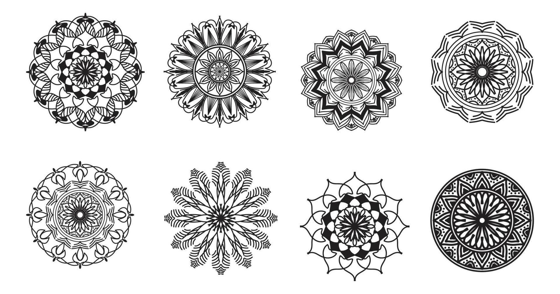 Set Mandala, schwarzes Mandala, luxuriöser dekorativer Mandala-Design-Hintergrund, Mandala-Design, Mandala-Muster-Malbuch-Kunst-Tapeten-Design, Fliesenmuster, Schwarz-Weiß-Mandala, Islam, Arabisch, Indisch vektor