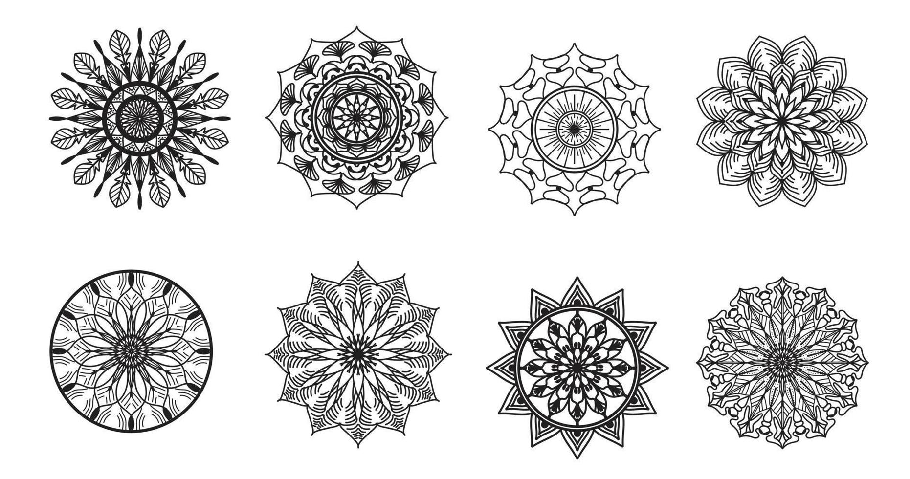 Set Mandala, schwarzes Mandala, luxuriöser dekorativer Mandala-Design-Hintergrund, Mandala-Design, Mandala-Muster-Malbuch-Kunst-Tapeten-Design, Fliesenmuster, Schwarz-Weiß-Mandala, Islam, Arabisch, Indisch vektor