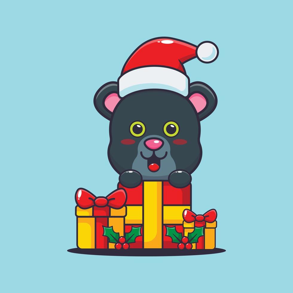 süßer panther mit weihnachtsgeschenk. nette weihnachtskarikaturillustration. vektor