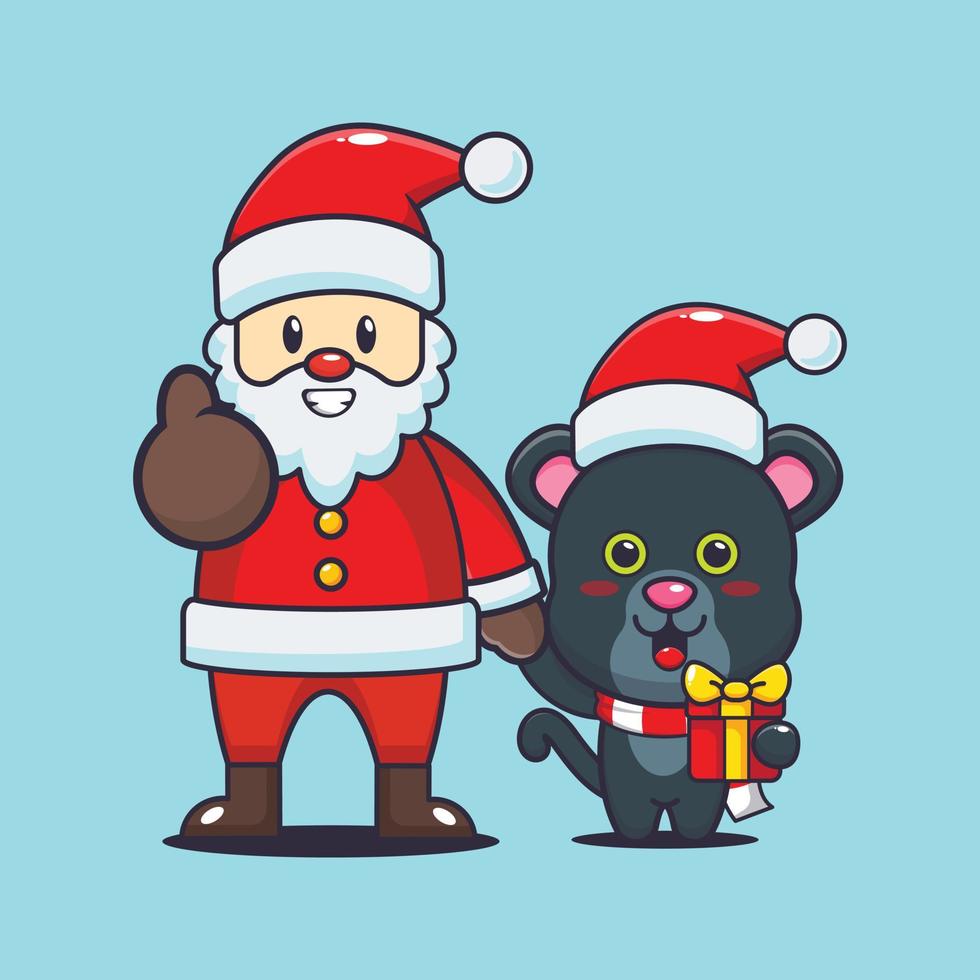 söt panter med santa claus. söt jul tecknad serie illustration. vektor