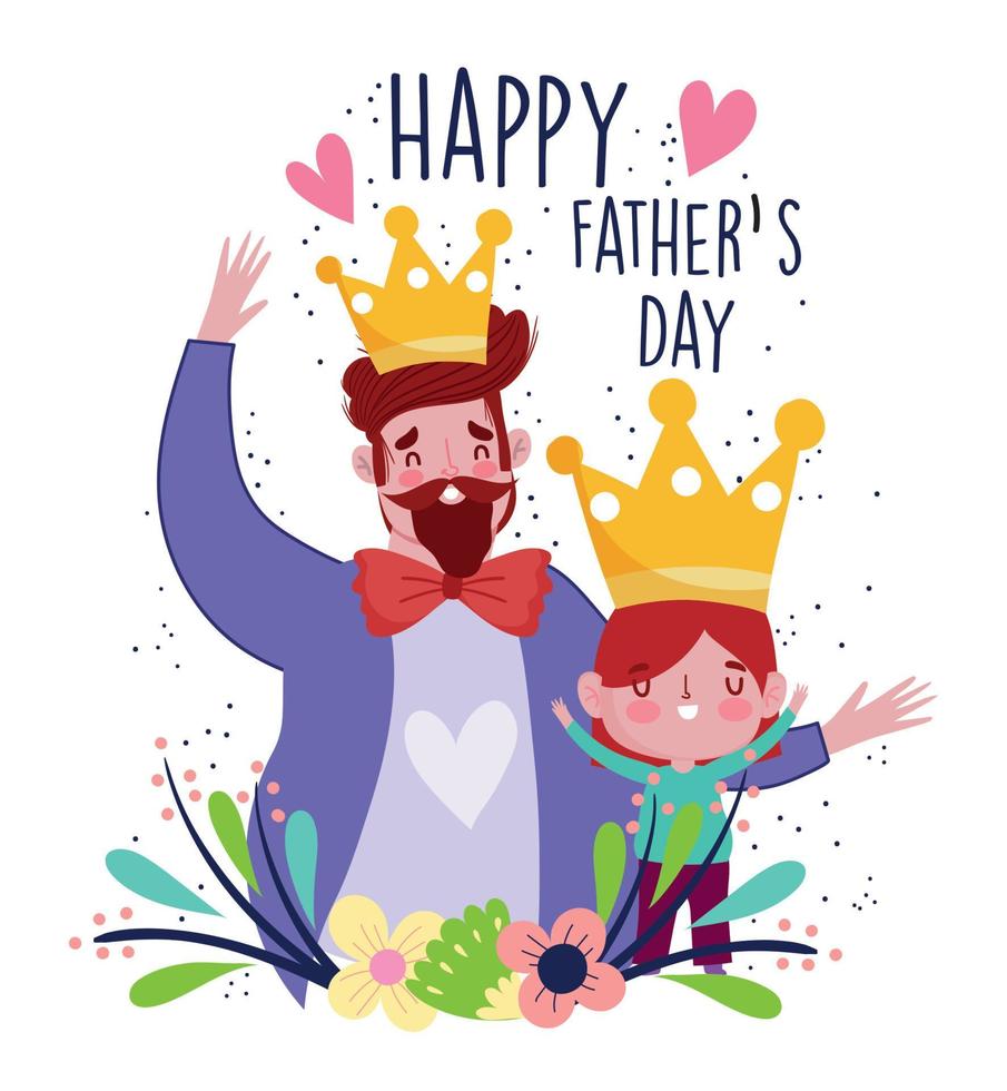 Lycklig fäder dag, fira pappa och son med kronor och flwoers dekoration vektor