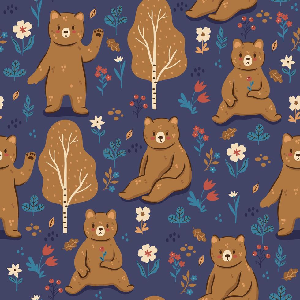 Nahtloses Muster mit Bären, Beeren, Blumen und Bäumen. Vektorgrafiken. vektor