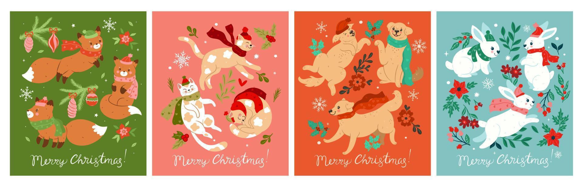 uppsättning av jul kort med söt djur i halsdukar och hattar. vektor grafik.