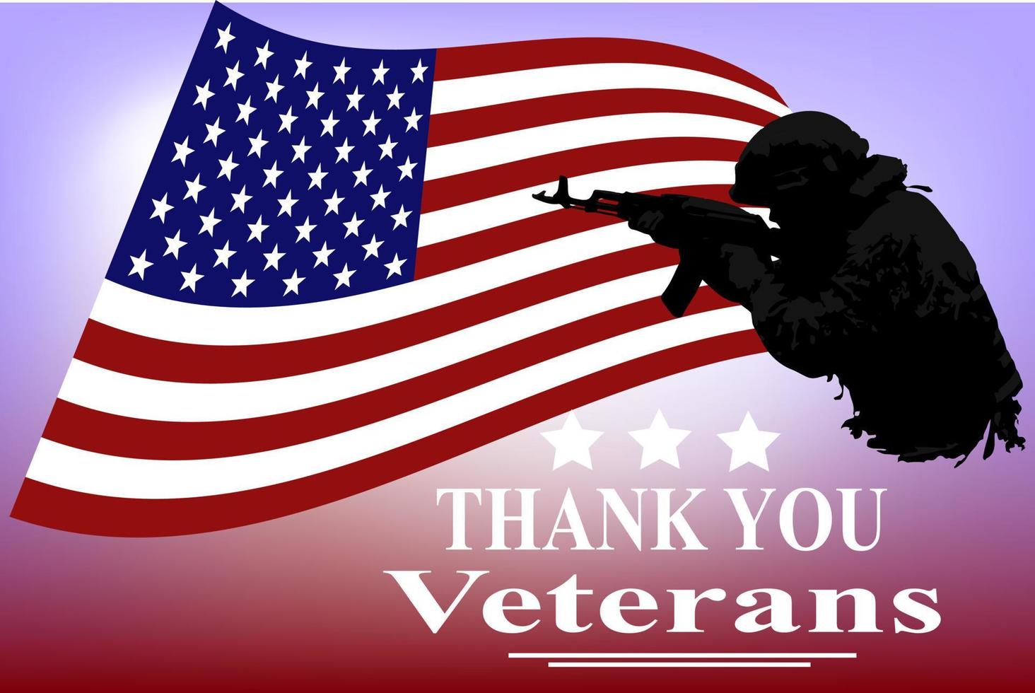 silhuett av ett amerikan soldat på de bakgrund av de flagga av de förenad stater och de inskrift tacka du veteraner. vektor bild. de begrepp av veteraner dag