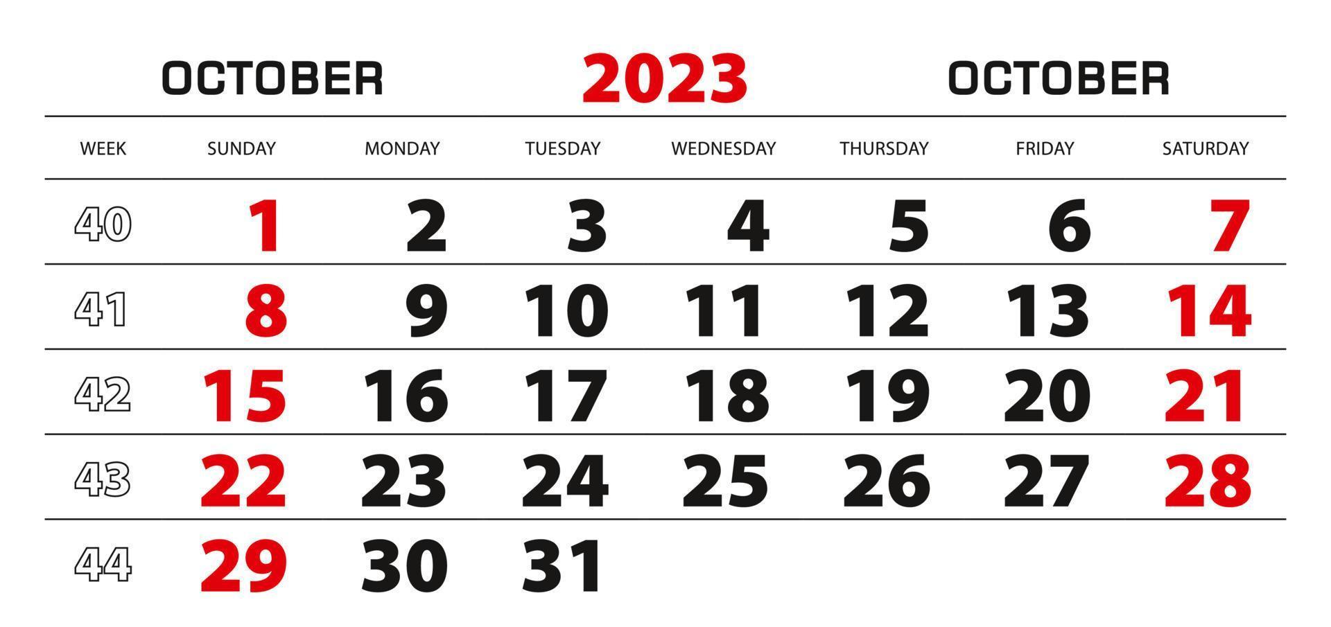 vägg kalender 2023 för oktober, vecka Start från söndag. vektor