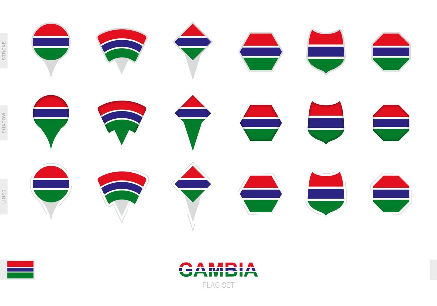 samling av de gambia flagga i annorlunda former och med tre annorlunda effekter. vektor