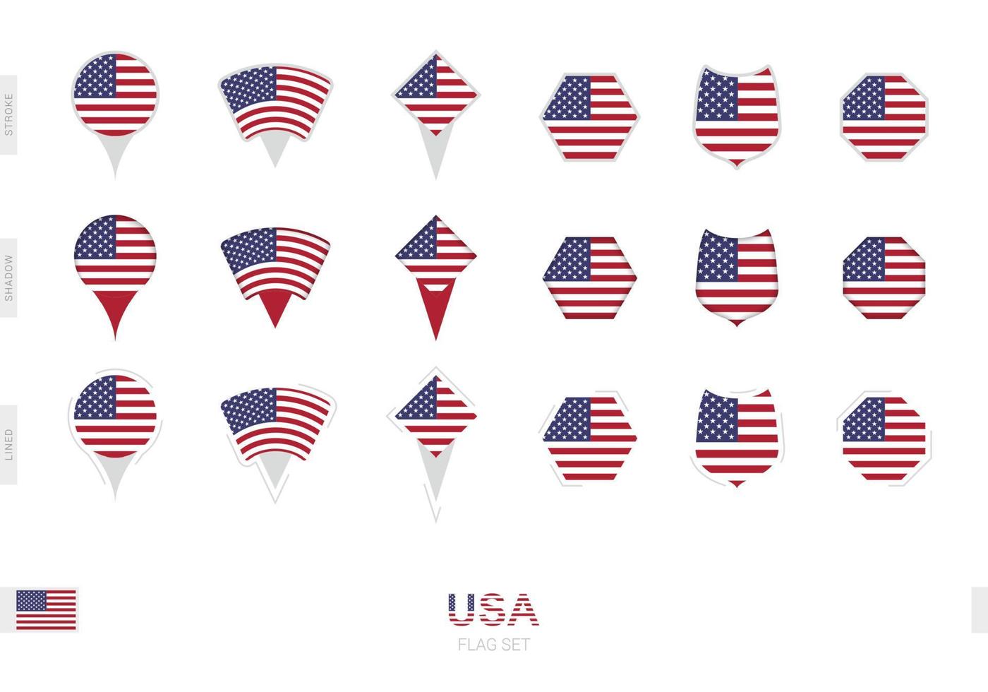 samling av de USA flagga i annorlunda former och med tre annorlunda effekter. vektor