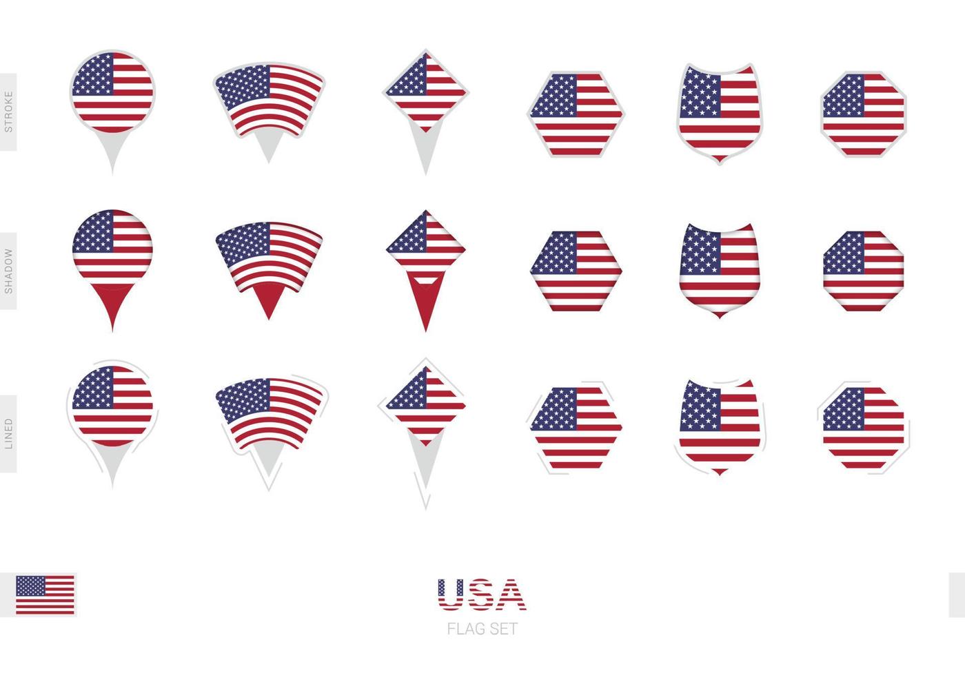 sammlung der usa-flagge in verschiedenen formen und mit drei verschiedenen effekten. vektor