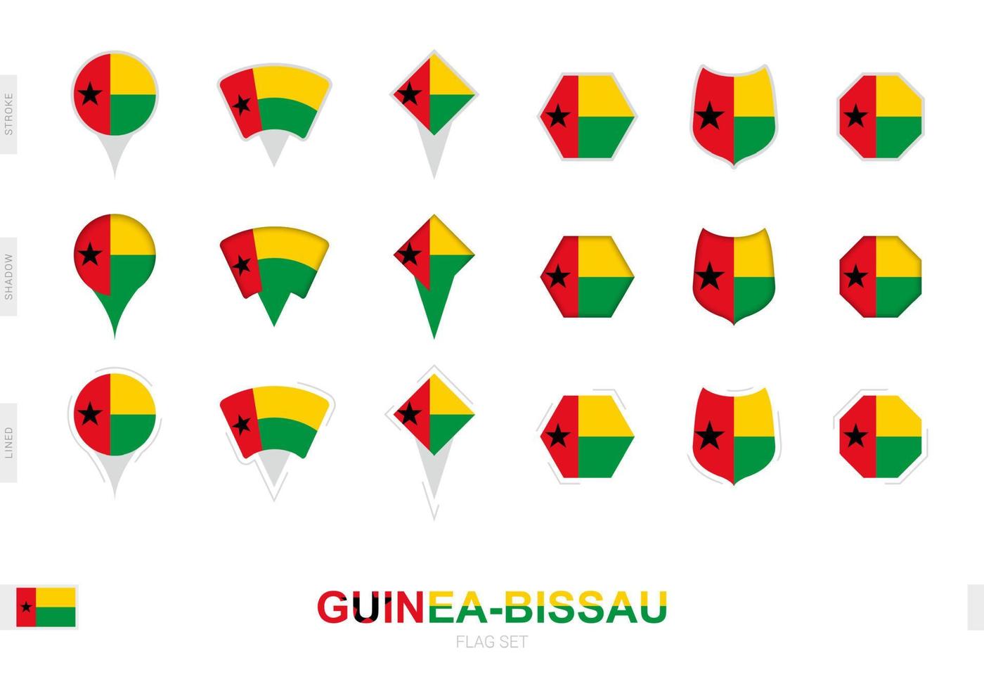 Sammlung der Flagge von Guinea-Bissau in verschiedenen Formen und mit drei verschiedenen Effekten. vektor