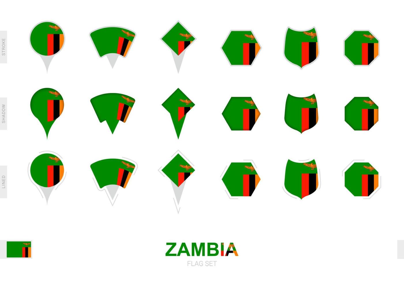 Sammlung der Sambia-Flagge in verschiedenen Formen und mit drei verschiedenen Effekten. vektor