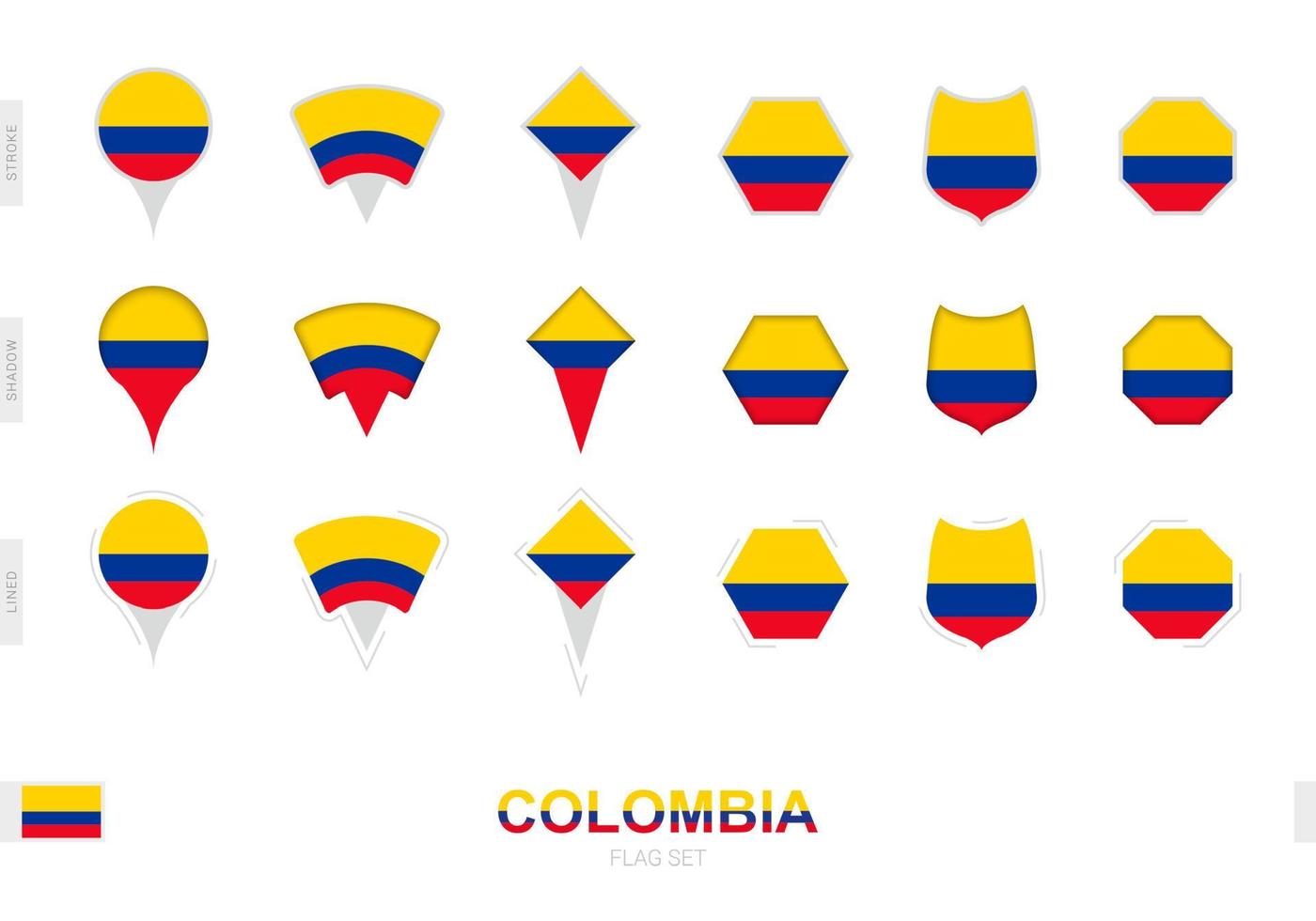 samling av de colombia flagga i annorlunda former och med tre annorlunda effekter. vektor