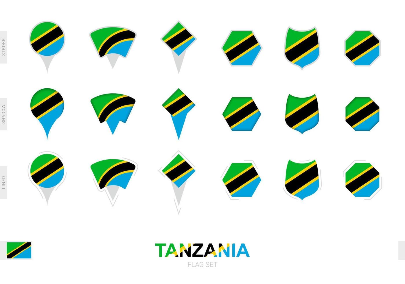 samling av de tanzania flagga i annorlunda former och med tre annorlunda effekter. vektor