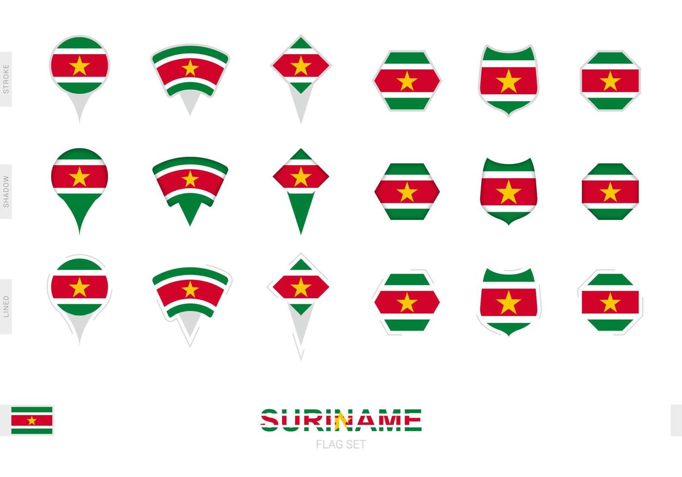 kollektion der suriname-flagge in verschiedenen formen und mit drei verschiedenen effekten. vektor