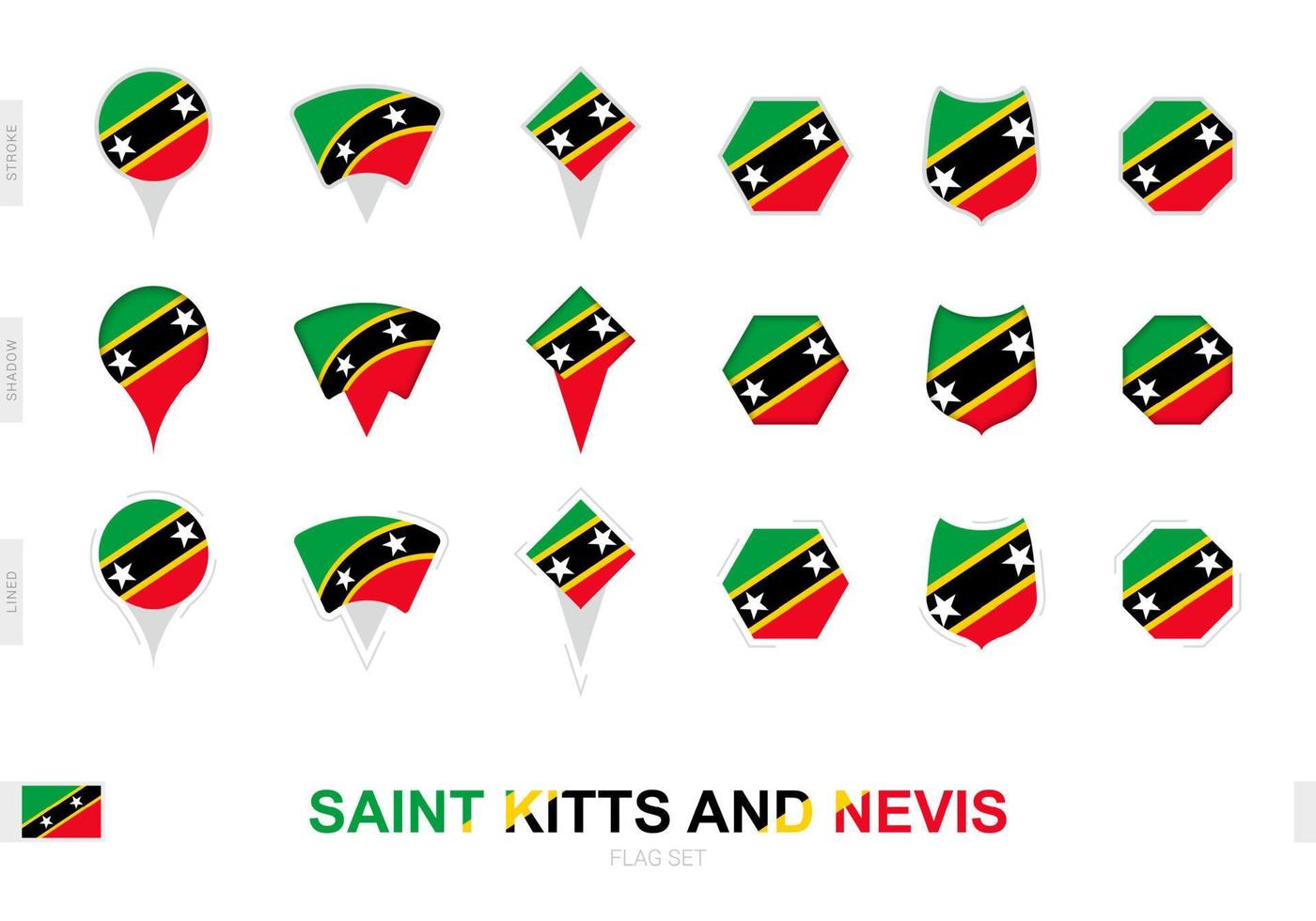 Sammlung der St. Kitts und Nevis-Flagge in verschiedenen Formen und mit drei verschiedenen Effekten. vektor