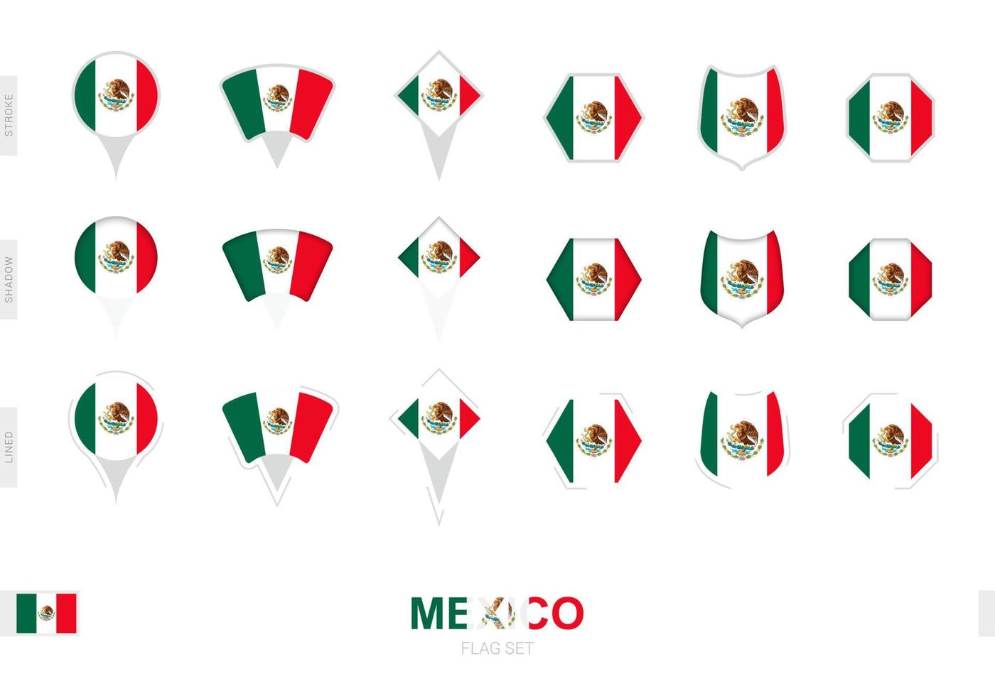 Sammlung der mexikanischen Flagge in verschiedenen Formen und mit drei verschiedenen Effekten. vektor