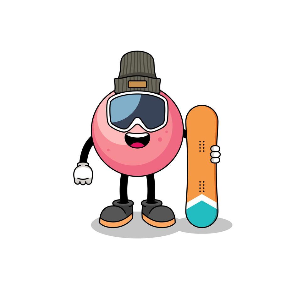 maskot tecknad serie av gummi boll snowboard spelare vektor