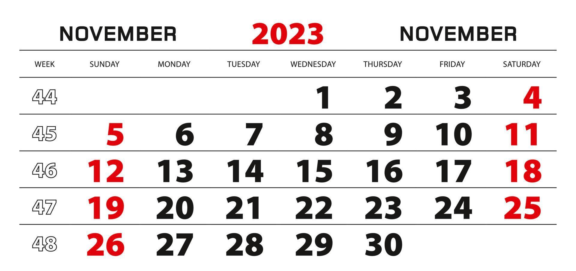 Wandkalender 2023 für November, Wochenstart ab Sonntag. vektor