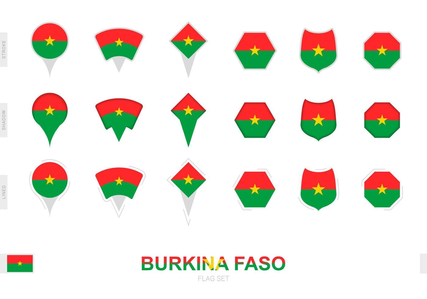 kollektion der burkina faso flag in verschiedenen formen und mit drei verschiedenen effekten. vektor