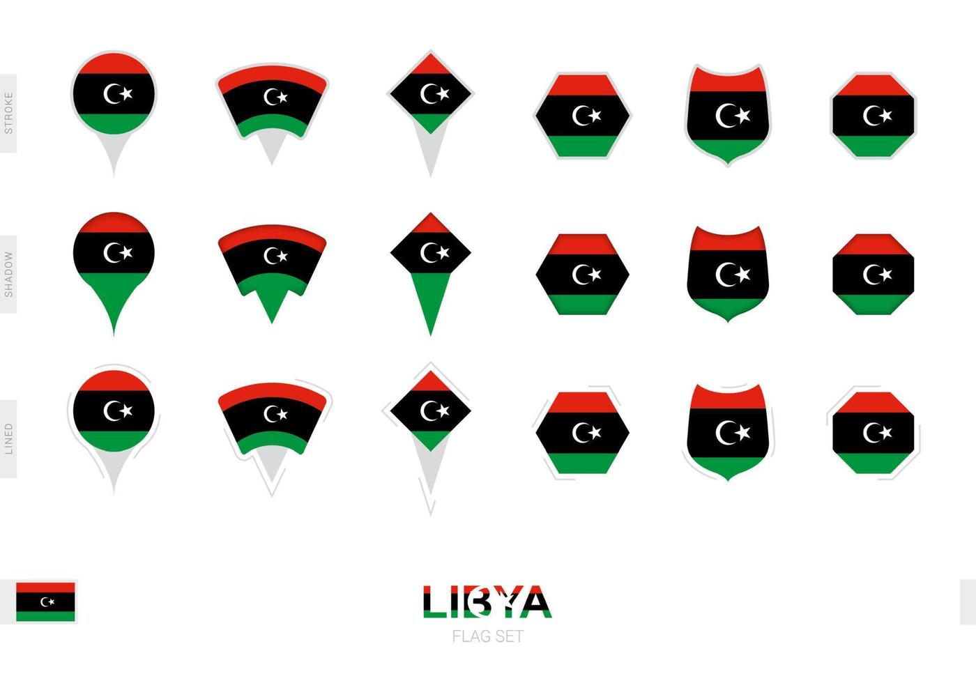 Sammlung der Libyen-Flagge in verschiedenen Formen und mit drei verschiedenen Effekten. vektor