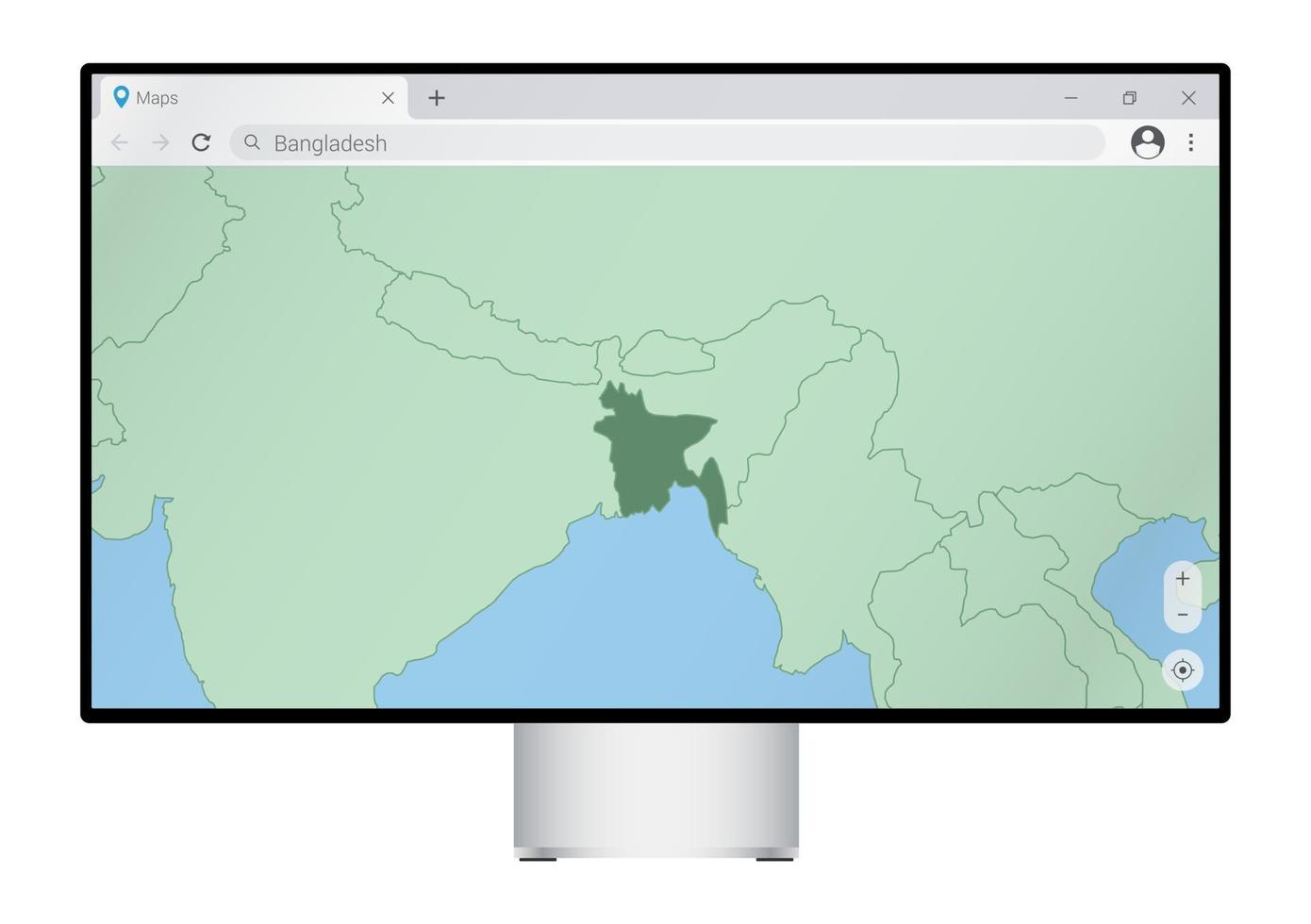 Computermonitor mit Karte von Bangladesch im Browser, suchen Sie im Web-Mapping-Programm nach dem Land Bangladesch. vektor