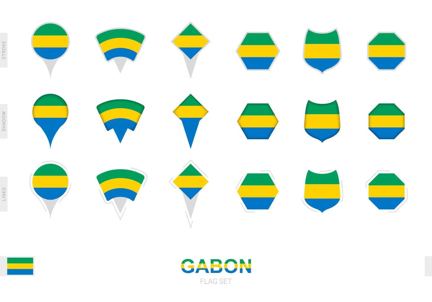 Sammlung der Gabun-Flagge in verschiedenen Formen und mit drei verschiedenen Effekten. vektor