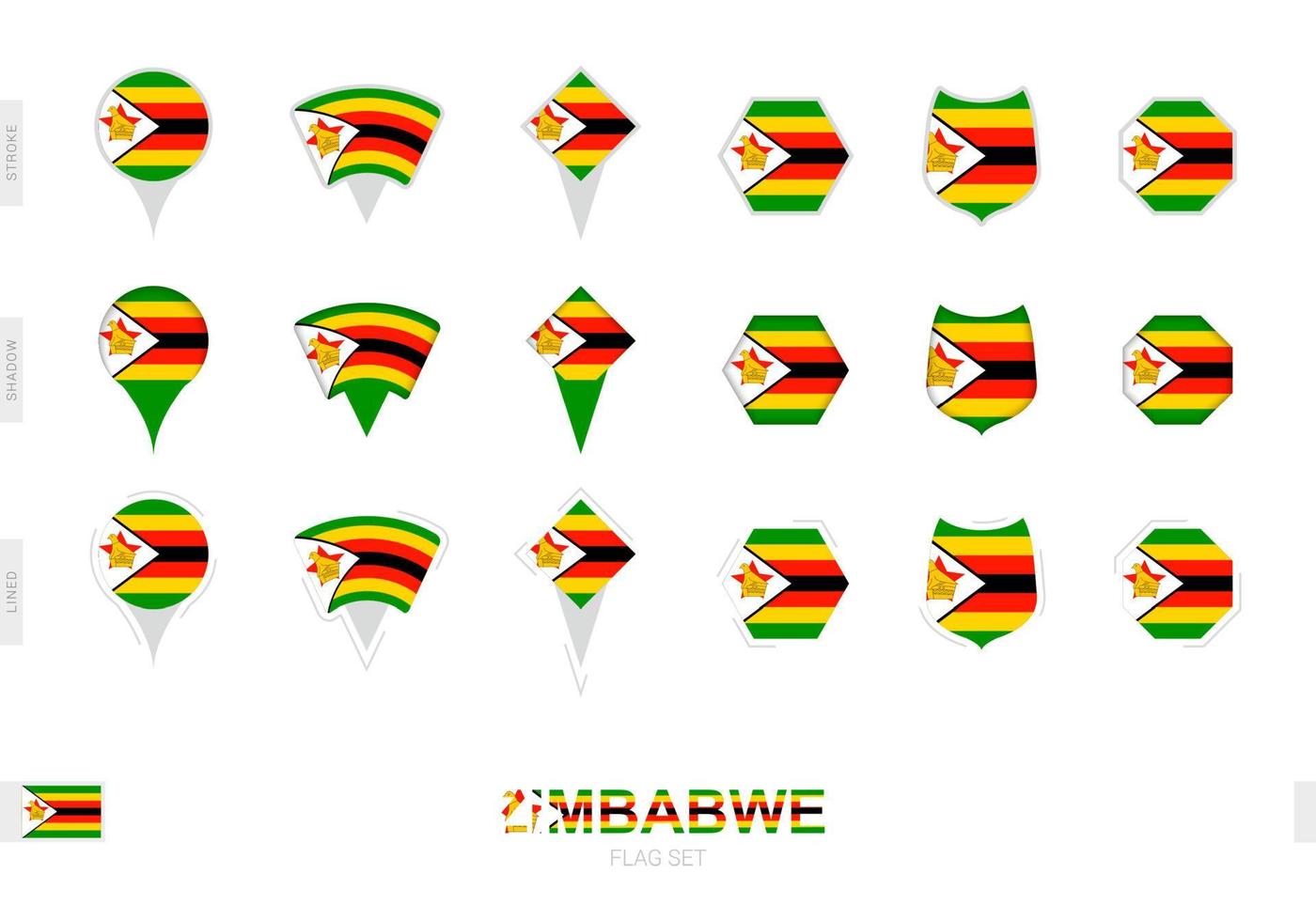 Sammlung der Simbabwe-Flagge in verschiedenen Formen und mit drei verschiedenen Effekten. vektor
