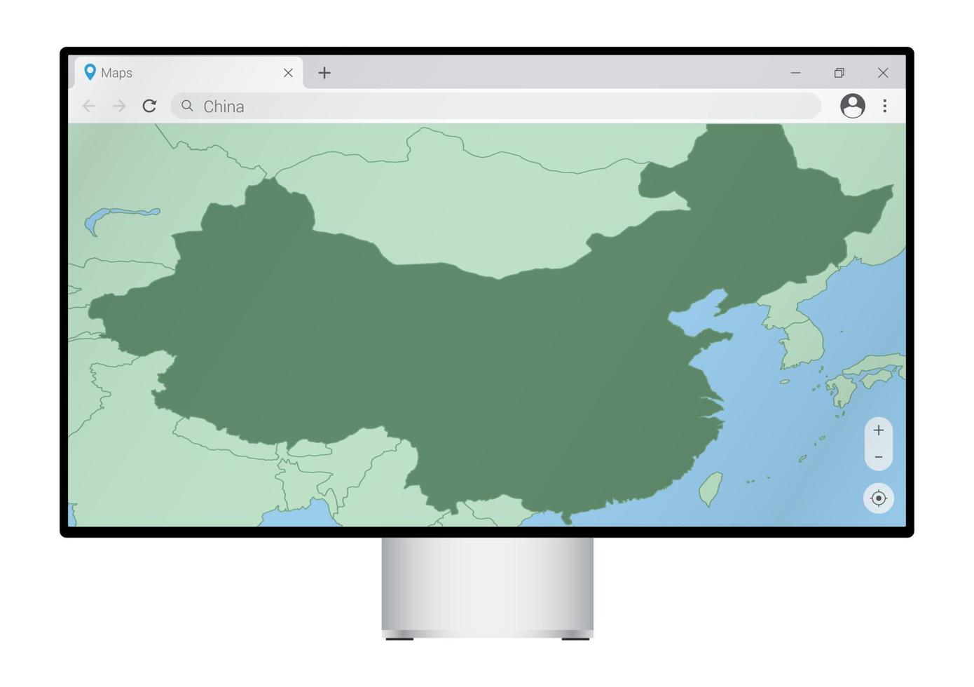 dator övervaka med Karta av Kina i webbläsare, Sök för de Land av Kina på de webb kartläggning program. vektor