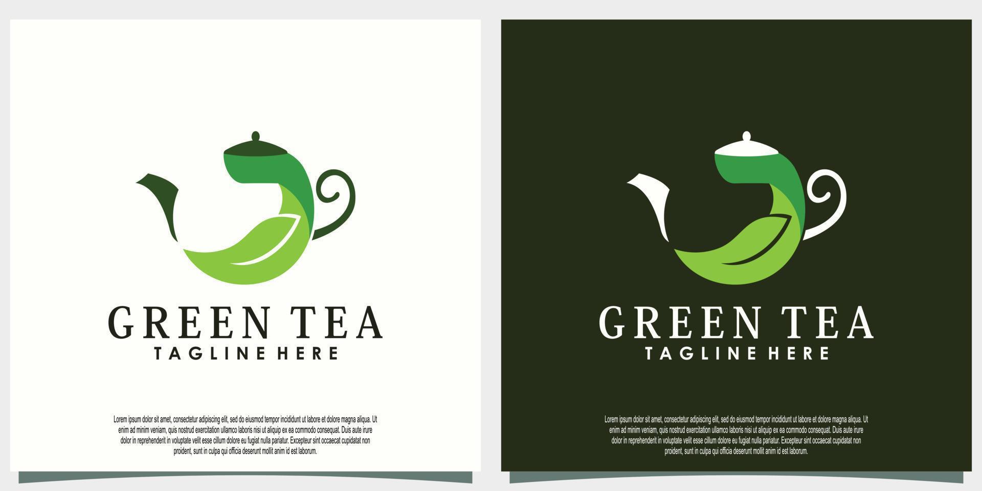 grüner tee logo design mit blatt und teekanne kreatives konzept vektor