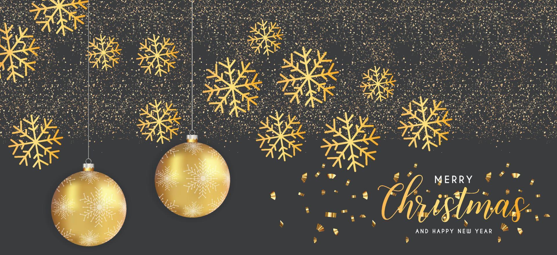 festlig julsvart bakgrund med gyllene jul dekorationer och gyllene glitter. vektor illustration.